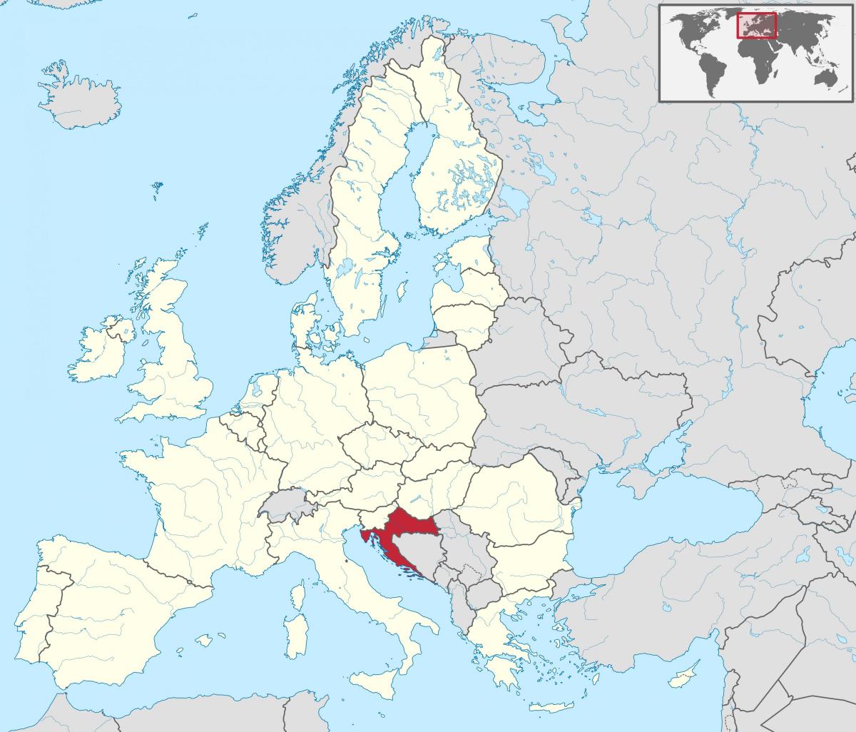 Localização da Croácia no mapa da Europa do Sul