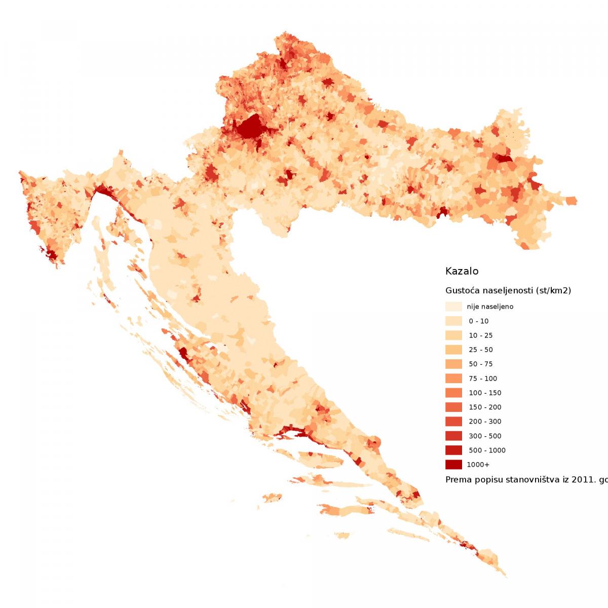 Mapa de densidade da Croácia